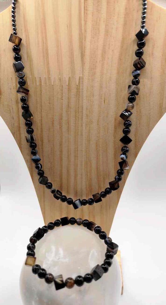 Collar + Pulsera de Ágata Negra y Hematítes