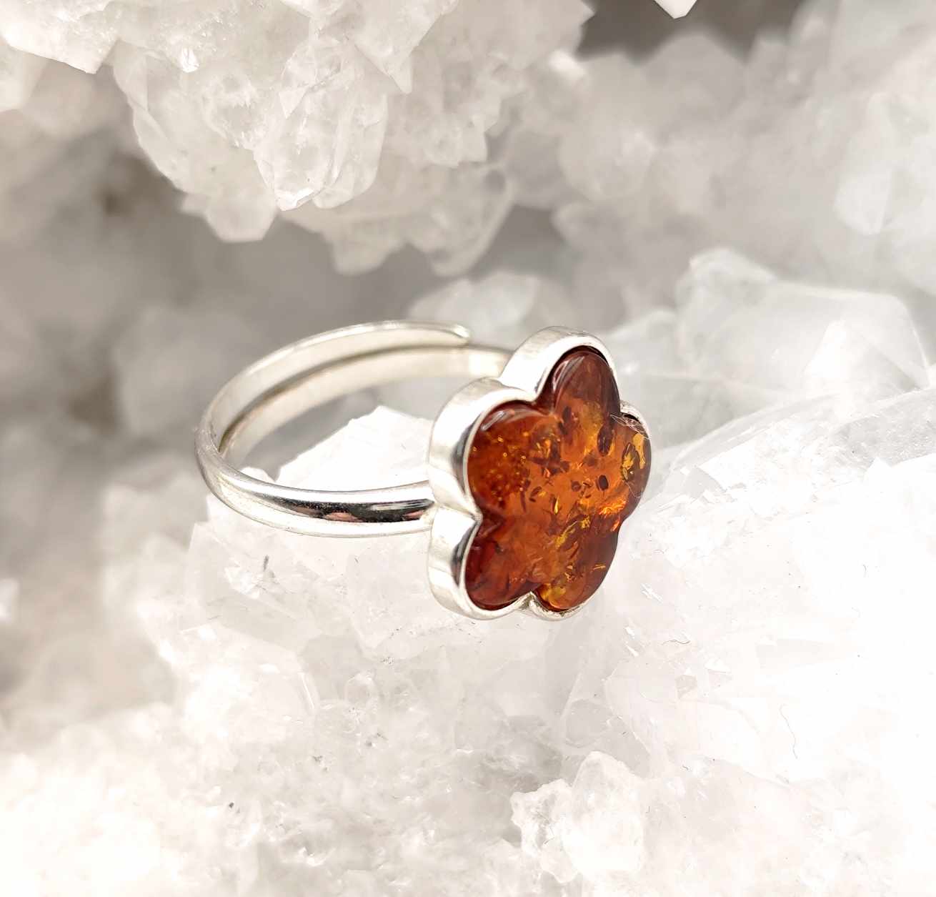Anillo de Ambar Flor de plata