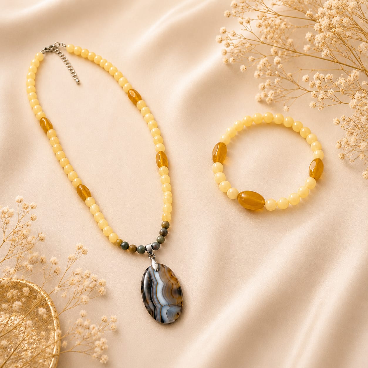 Conjunto de Collar de Calcita y Ópalo Amarillo con Colgante de Ojo de tigre y Pulsera de Calcita
