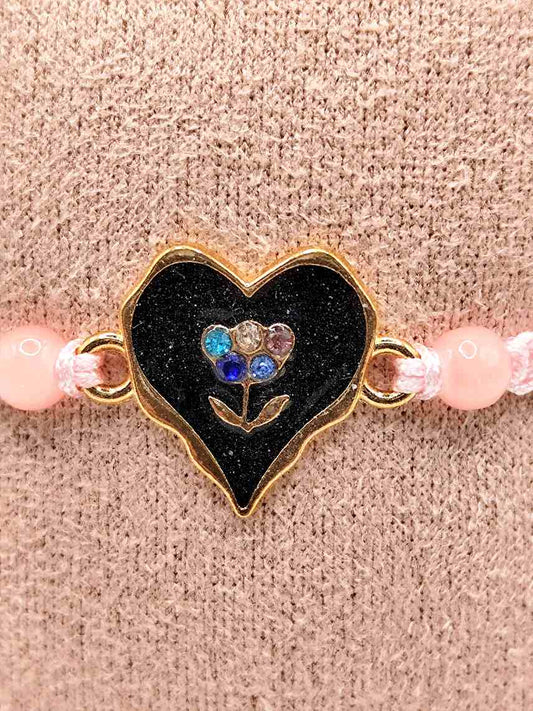 Pulsera Corazón Negro con Flor · Macramé Rosa