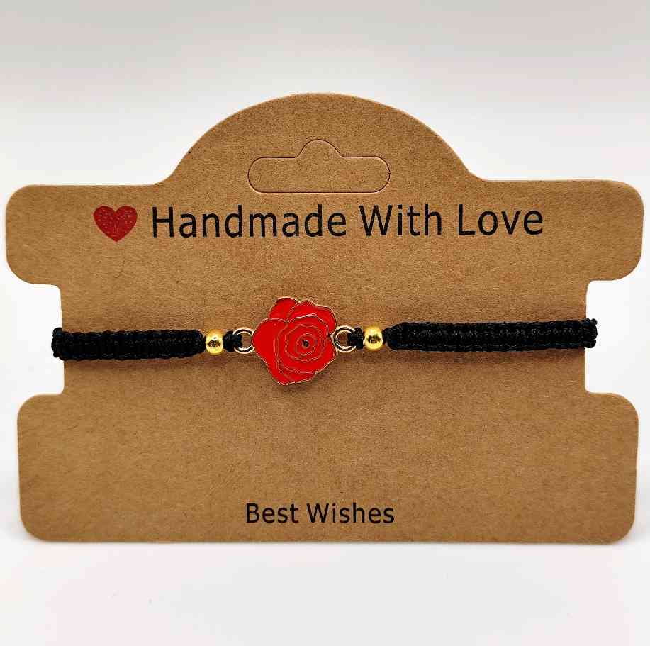 Pulsera Rosa Roja Esmaltada · Macramé Negro
