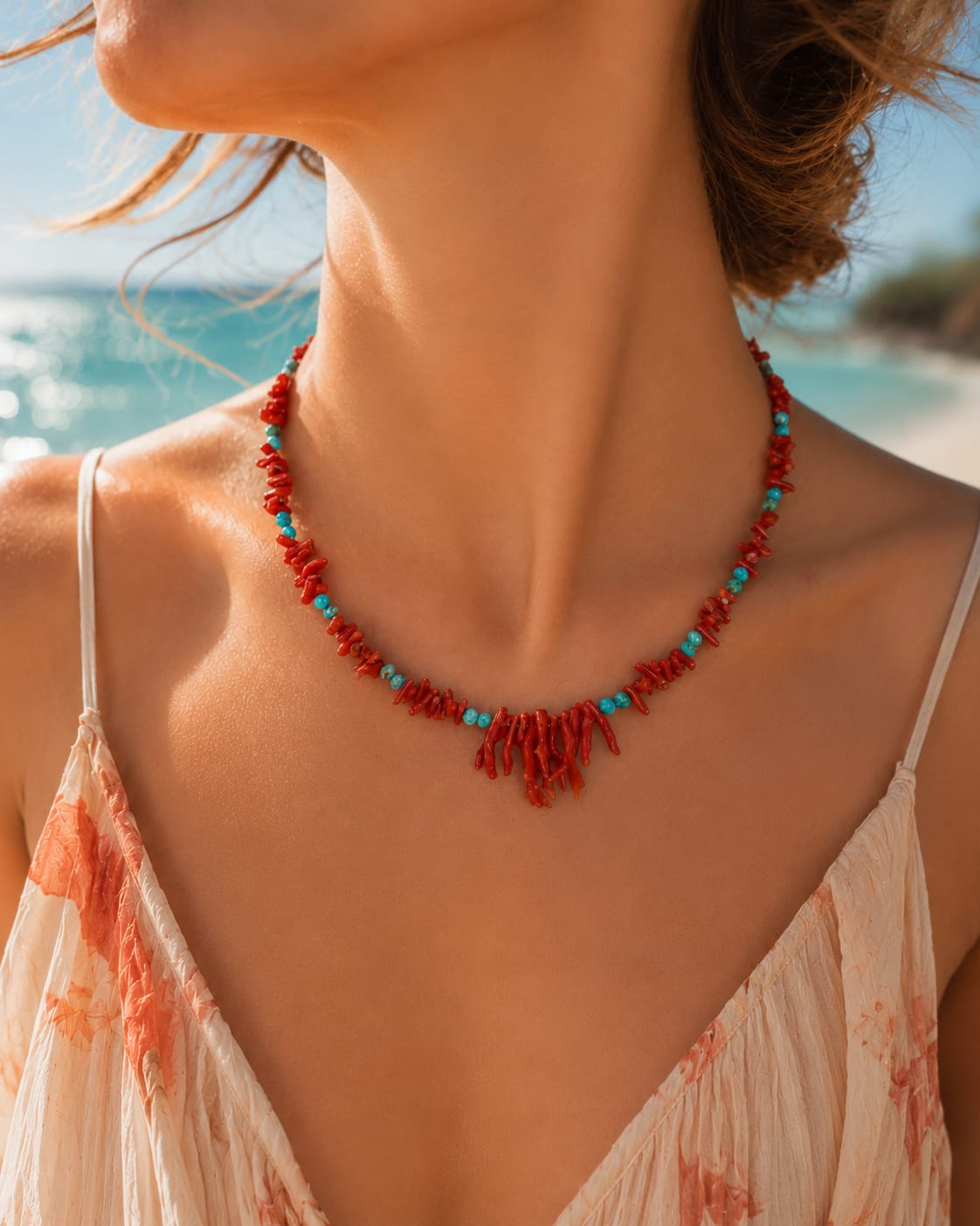 Conjunto de Collar y Pulsera de Coral y Turquesa Facetada