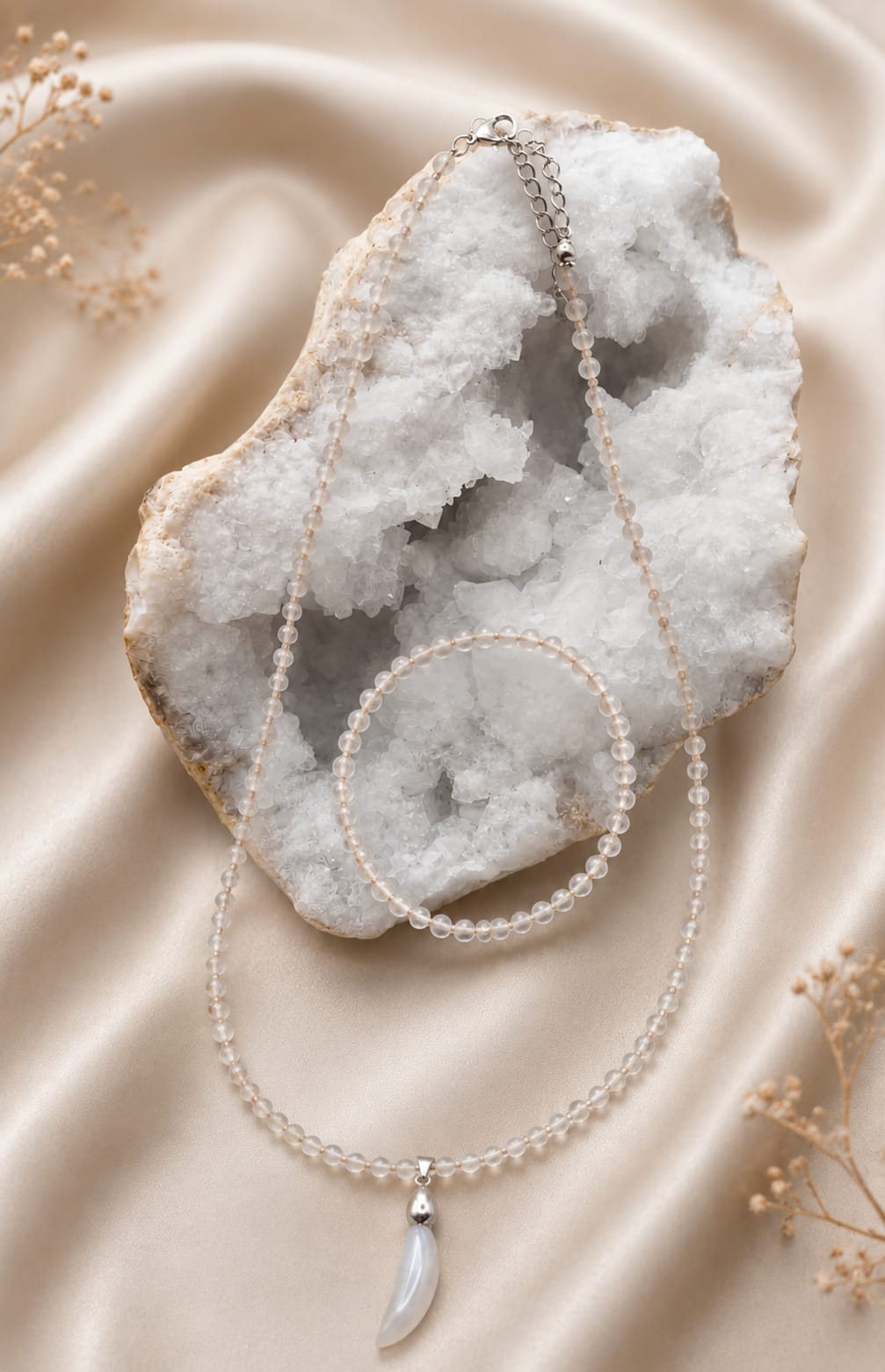 Conjunto de Collar con Colgante de Piedra Luna Melocotón y Pulsera de Piedra Luna