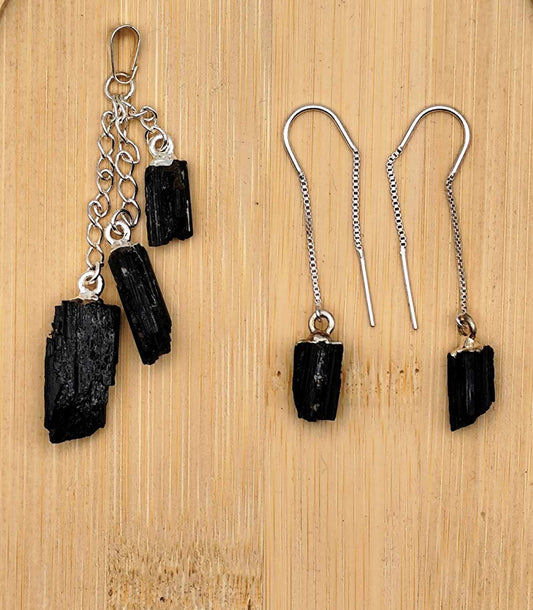 Conjunto de Colgalte y Pendientes Largos de Turmalina Negra