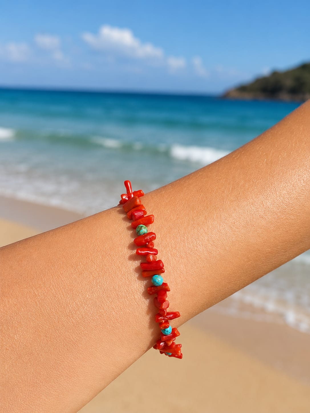 Conjunto de Collar y Pulsera de Coral y Turquesa Facetada