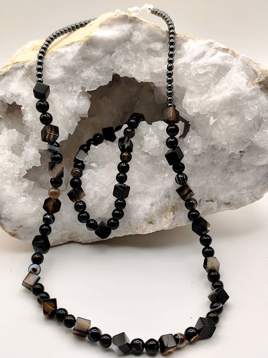 Collar + Pulsera de Ágata Negra y Hematítes