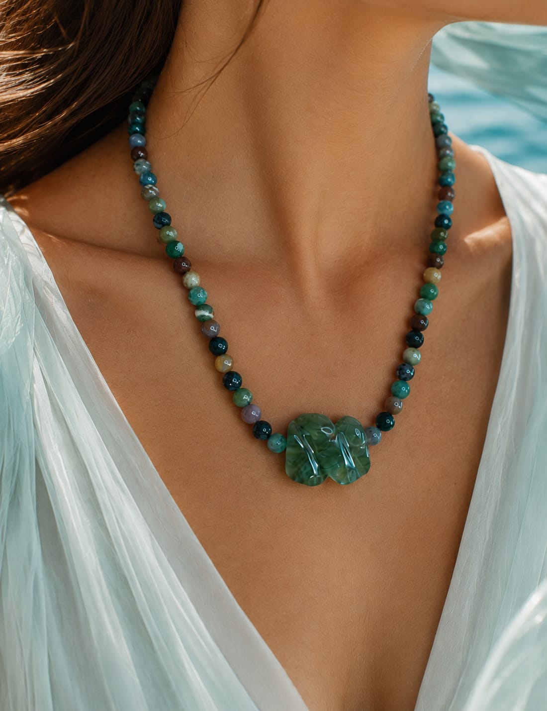 Conjunto de Collar y Pulsera de Ágata Musgo con Nudo de Prehnita