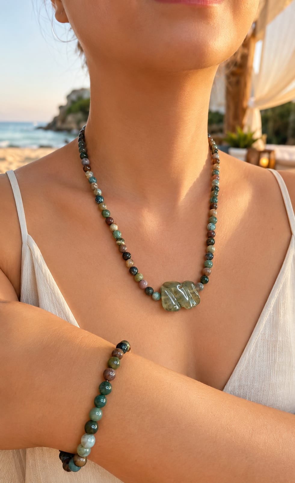 Conjunto de Collar y Pulsera de Ágata Musgo con Nudo de Prehnita