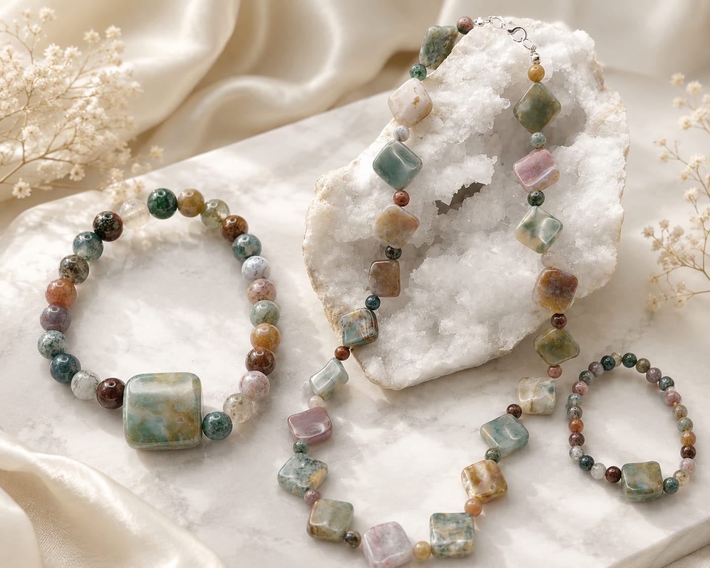 Conjunto de Collar y Pulsera de Ágata Musgo de Rombos