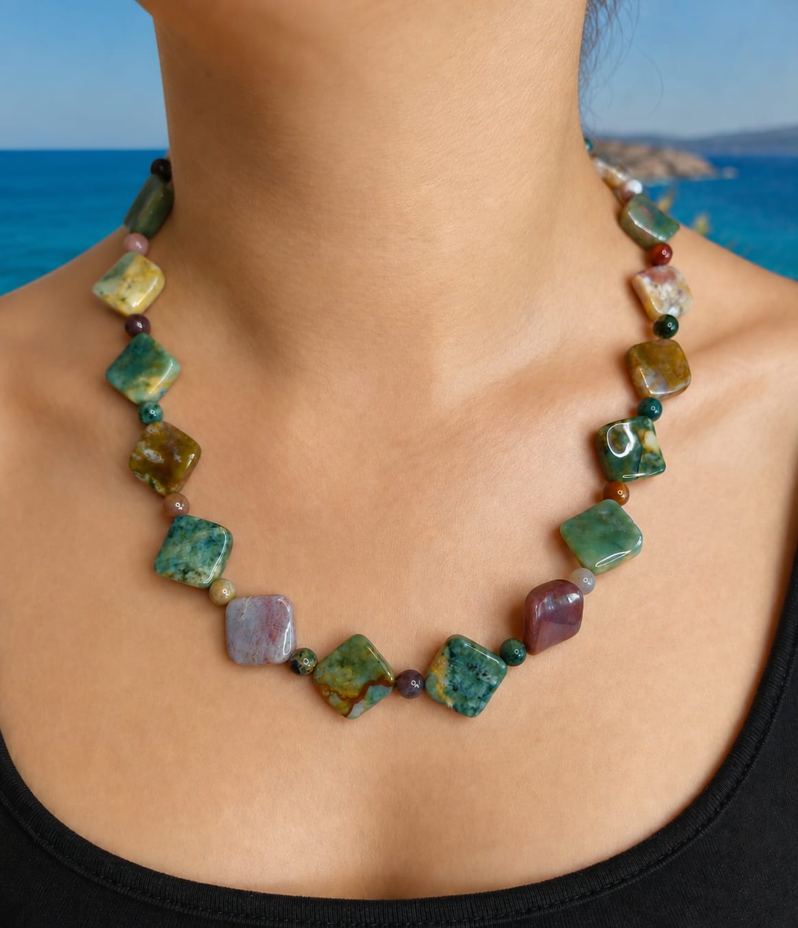 Conjunto de Collar y Pulsera de Ágata Musgo de Rombos