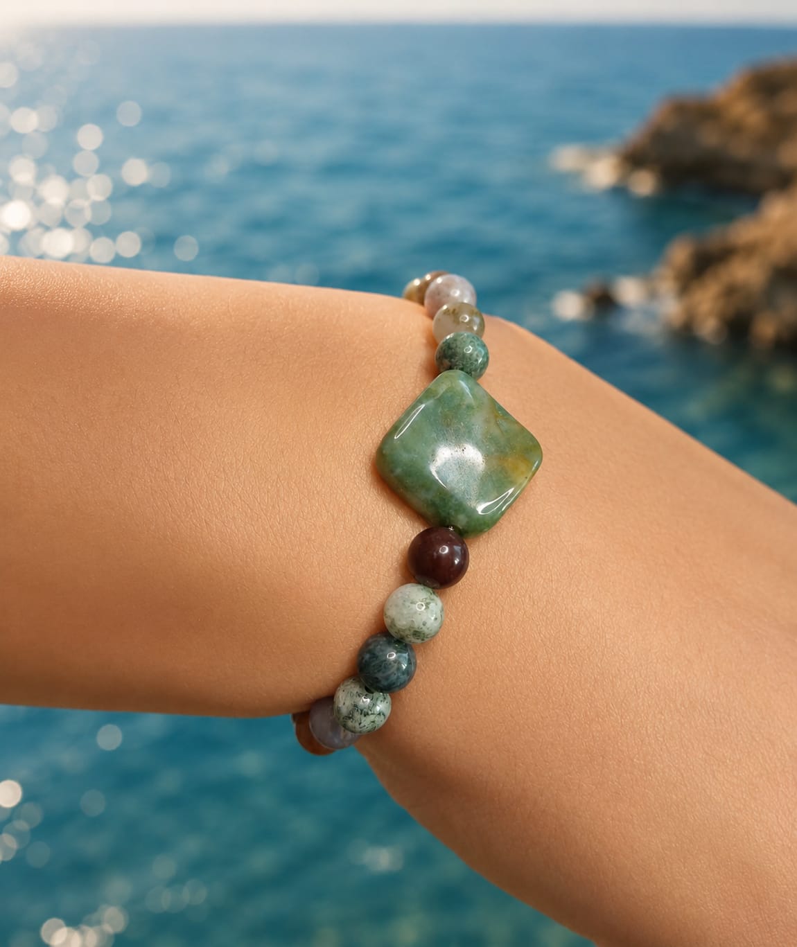 Conjunto de Collar y Pulsera de Ágata Musgo de Rombos
