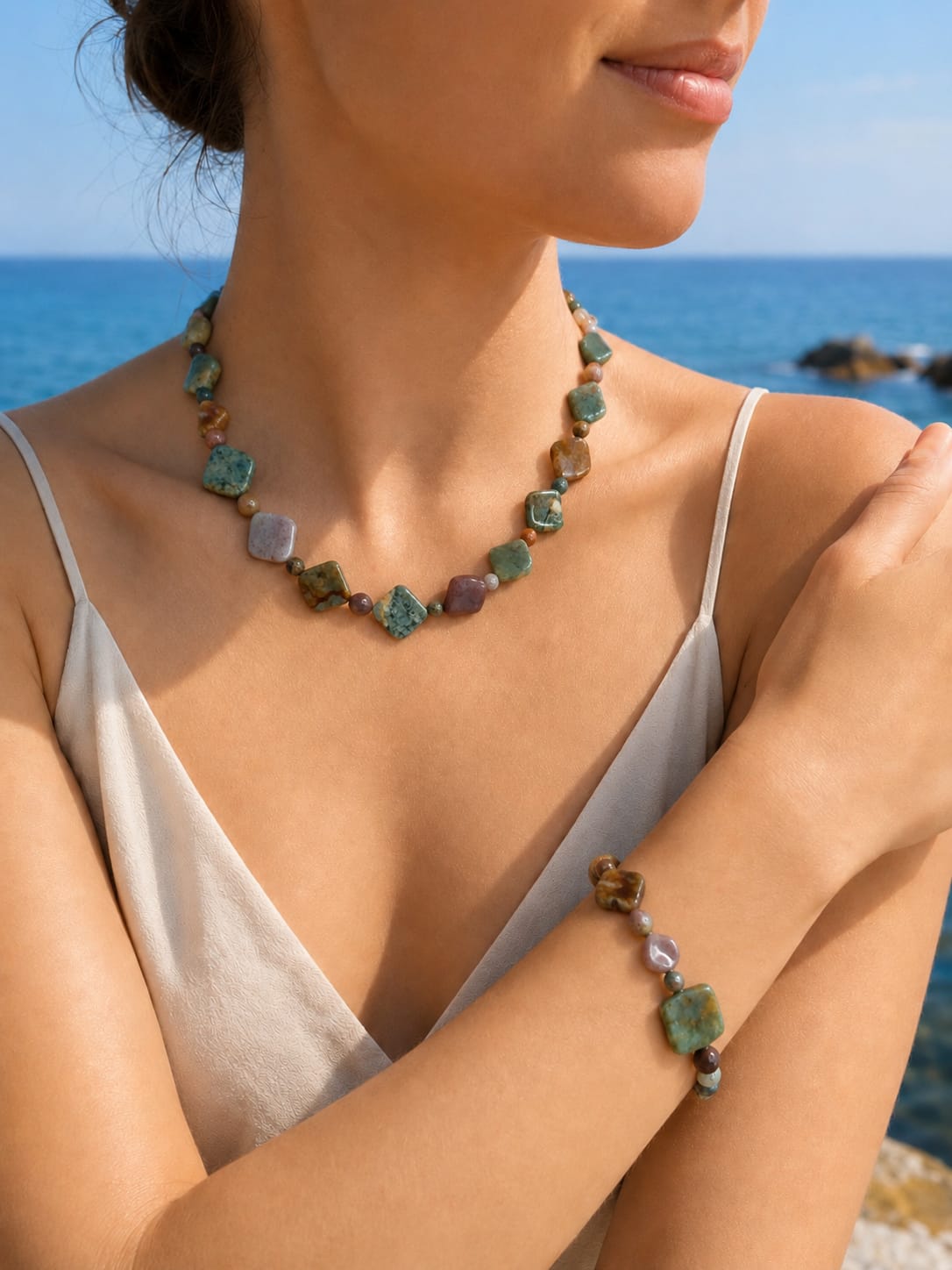 Conjunto de Collar y Pulsera de Ágata Musgo de Rombos