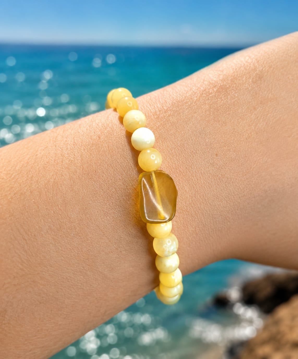 Conjunto de Collar de Calcita y Ópalo Amarillo con Colgante de Ojo de tigre y Pulsera de Calcita