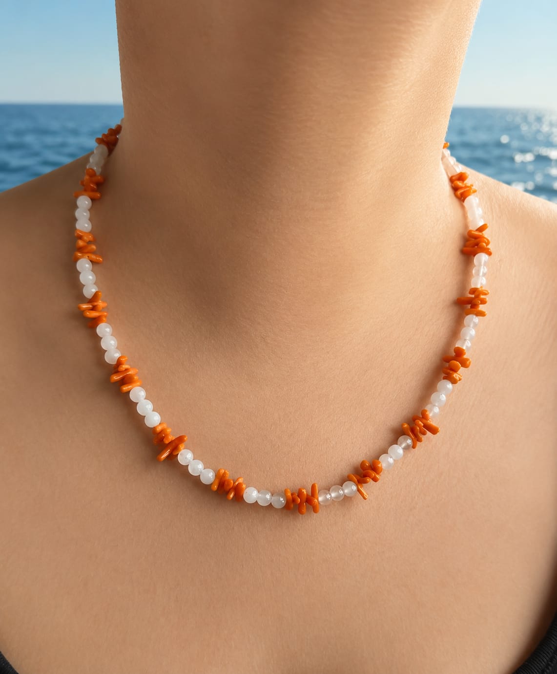 Conjunto de Collar y Pulsera de Coral Naranja con Bolas de Jade