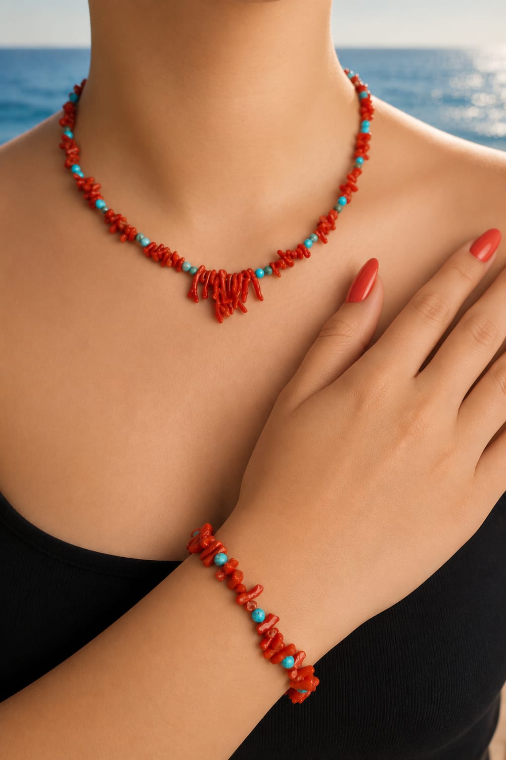 Conjunto de Collar y Pulsera de Coral y Turquesa Facetada