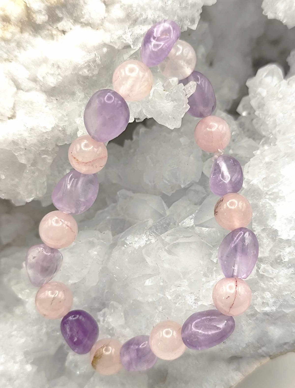 Pulsera de Amatista Lavanda y Cuarzo Rosa