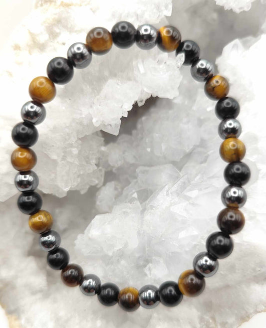 Bracelet Œil de Tigre + Hématite + Obsidienne noire - Triple Protection