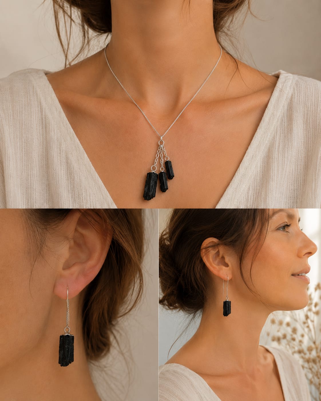 Conjunto de Colgalte y Pendientes Largos de Turmalina Negra