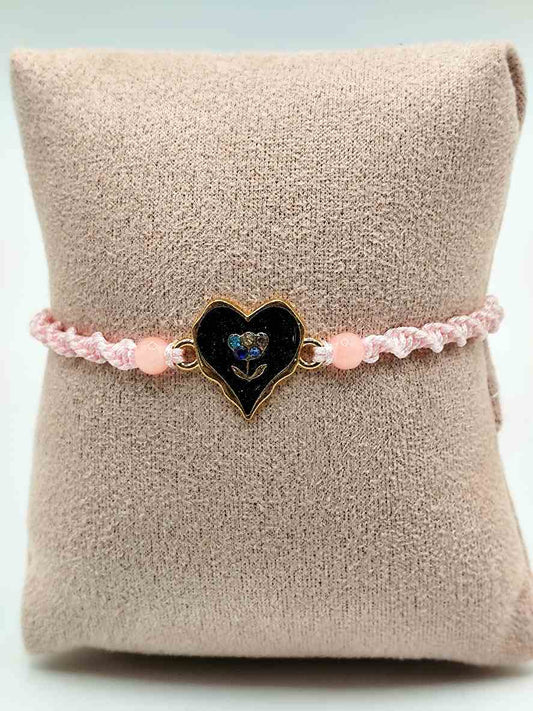 Pulsera Corazón Negro con Flor · Macramé Rosa