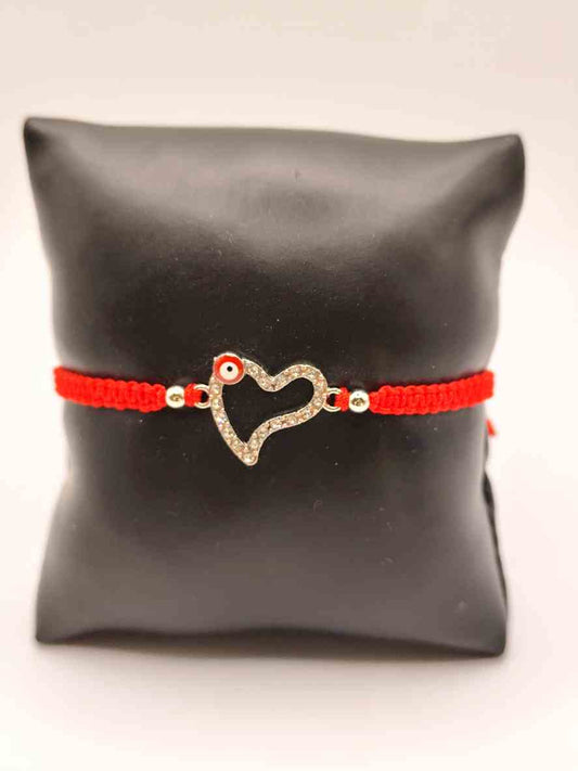 Pulsera Corazón Plateado con Ojo Turco · Macramé Rojo